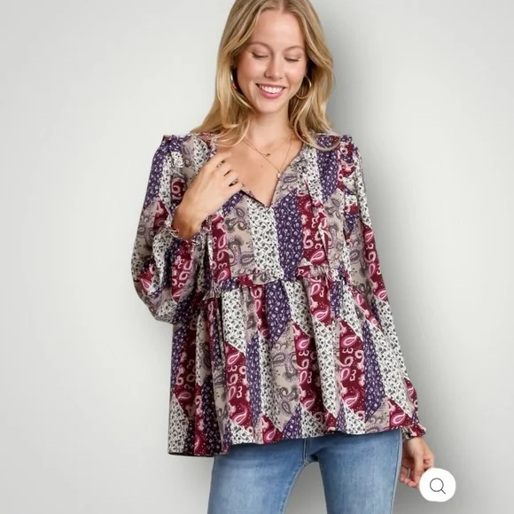 Umgee Mixed Print Ruffle Blouse Top in Mixed Wine Women’s Size Large - Picture 6 of 11